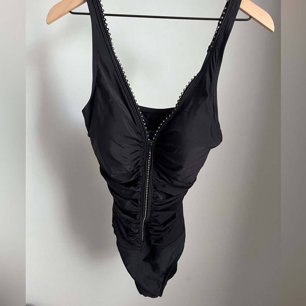 FANTASIZER One Piece Swimsuit Black Rhinestone Zip Sexy Size 12